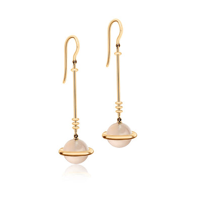 Aurora Rose Space Ohrhänger, Rosenquarz und vergoldetes Silber, handgefertigter Designerschmuck von STEPULOVS Jewelry.