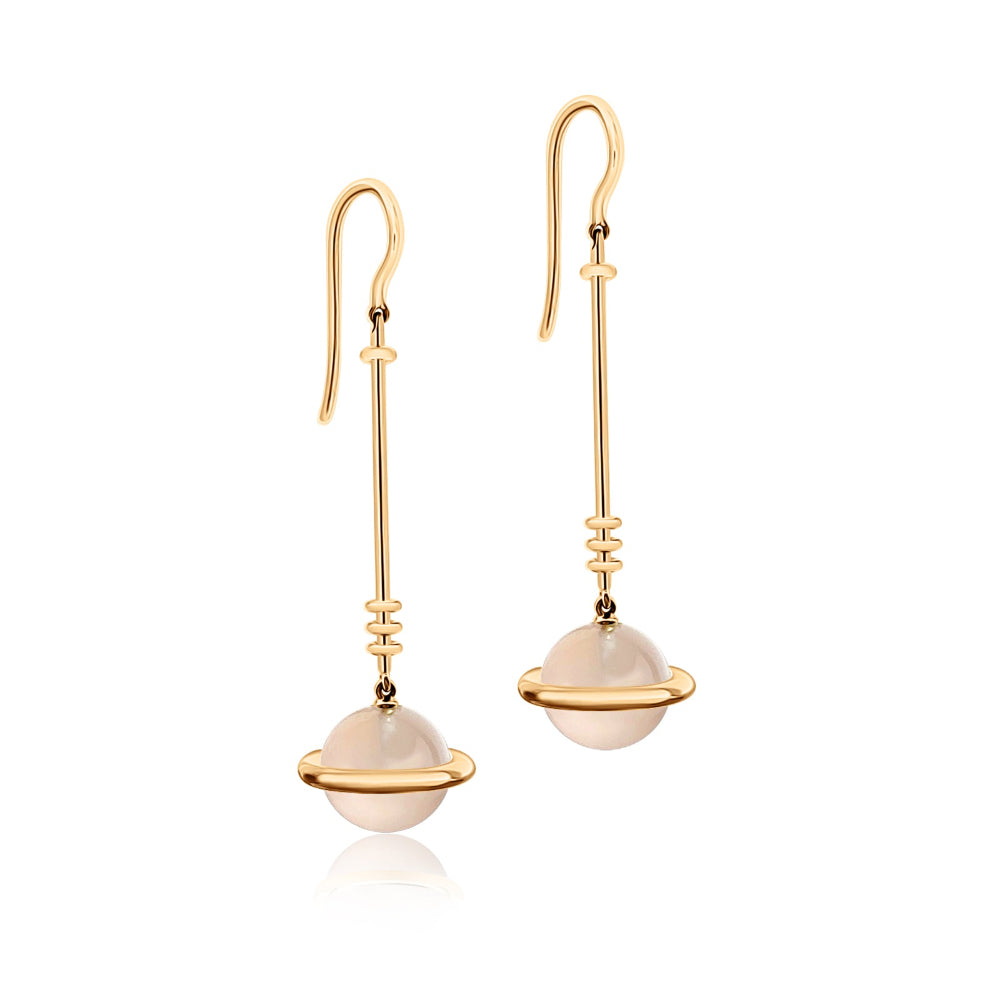 Aurora Rose Space Ohrhänger, Rosenquarz und vergoldetes Silber, handgefertigter Designerschmuck von STEPULOVS Jewelry.