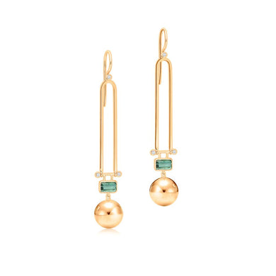 Aurora Turmalin Ohrhänger in Gelbgold – exklusiver Juwelier Schmuck, Diamanten und grüne Turmaline, STEPULOVS Jewelry Hamburg
