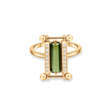 Handgefertigter Aurora Turmalin Ring No. 3 mit rechteckigem grünen Edelstein, Diamantbesatz und goldenen Kugelakzenten – Unikatschmuck vom Hamburger Goldschmied STEPULOVS
