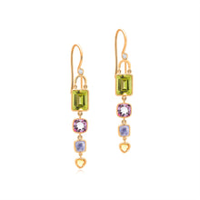 Lade das Bild in den Galerie-Viewer, Luxusschmuck Hamburg Blossom Rainbow Ohrhänger aus Gelbgold mit Peridot, Topas, Tansanit, Saphir und Diamanten, handgefertigter Unikatschmuck STEPULOVS

