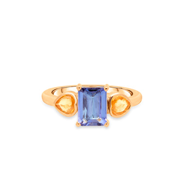 Blossom Tansanit Ring mit zwei gelben Saphir-Herzen aus Gelbgold, handgefertigter Unikatschmuck in Hamburg 