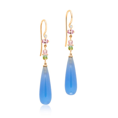 Luxusschmuck Hamburg – Blossom Achat-Ohrringe, handgefertigter Unikatschmuck mit Diamanten, Turmalinen und blauen Achat-Pampeln