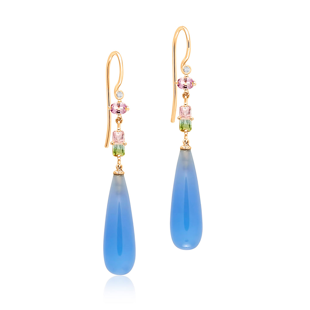 Luxusschmuck Hamburg – Blossom Achat-Ohrringe, handgefertigter Unikatschmuck mit Diamanten, Turmalinen und blauen Achat-Pampeln