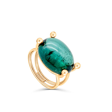 Exklusiver Blossom Turmalin Cabochon Ring mit ovaler Edelsteinfassung und goldenen Kugelakzenten – luxuriöser Designerschmuck aus Hamburg